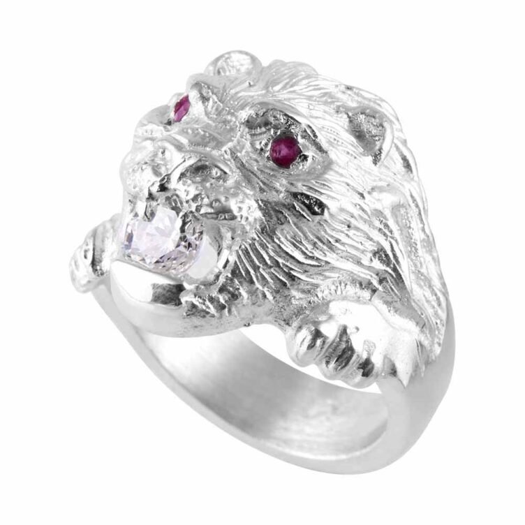 Chevalière Tête de Lion en Argent Pierres Rubis et Zirconium