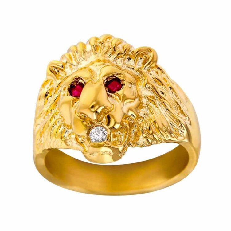 Chevalière Tête de Lion en Or Rubis et Diamant
