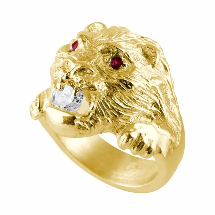 Chevalière Tête de Lion en Or Rubis et Zirconium